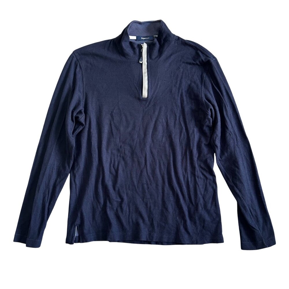 ZegnaSport Men's Sz L Navy 1/4 Zip Pullover Long Sleeve Shirt Cotton Blend